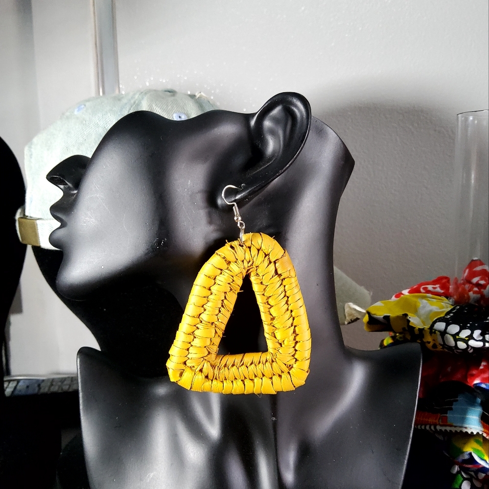 Yellow Woven Triangle Earrings